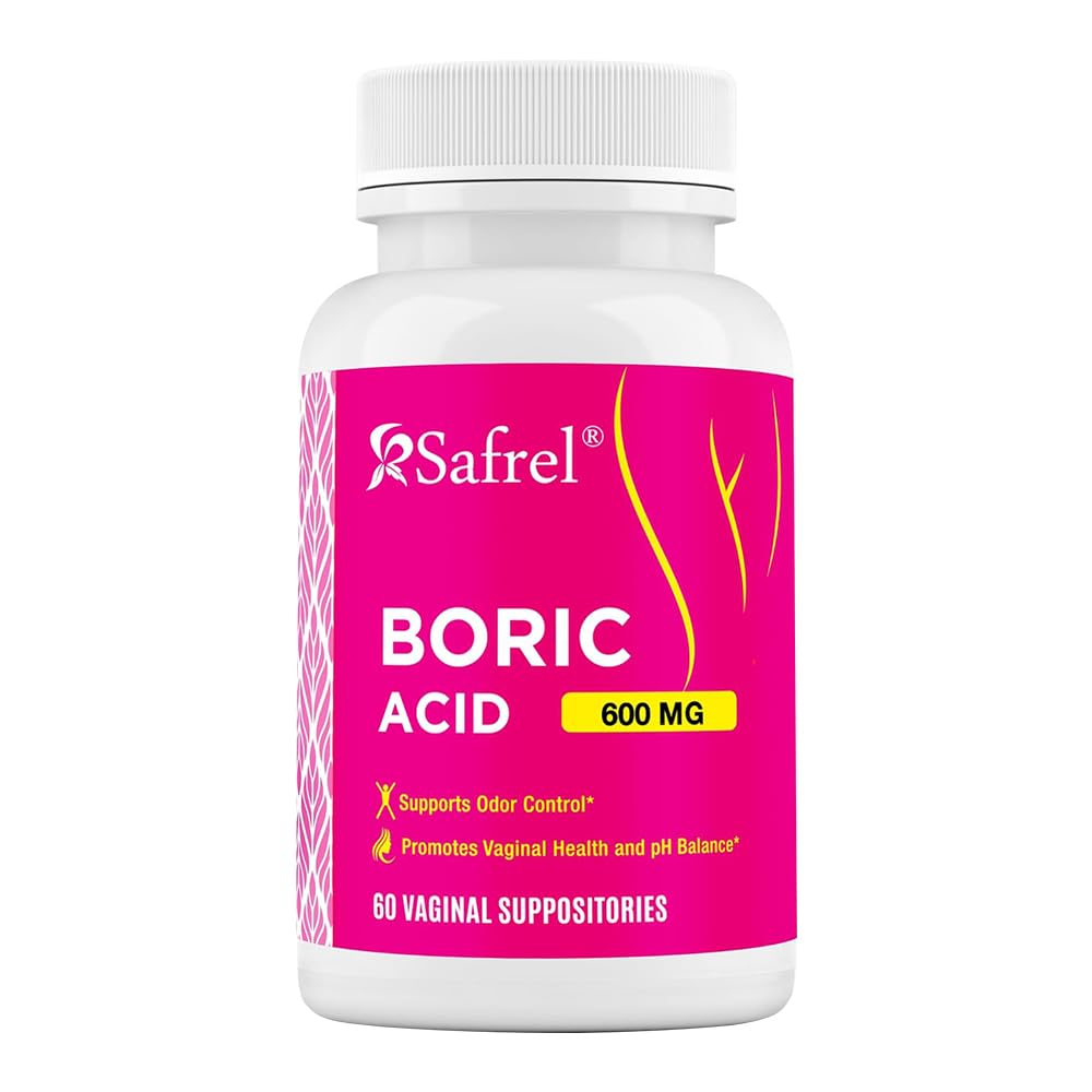Safral Boric Acid Suppositories - 60 Hrabies (1- Pack) - 100% Pure USA- Made, Wspiera Intimate & Vaginal Health, pH Balance, Kontrola zapachu - Wellness dla kobiet