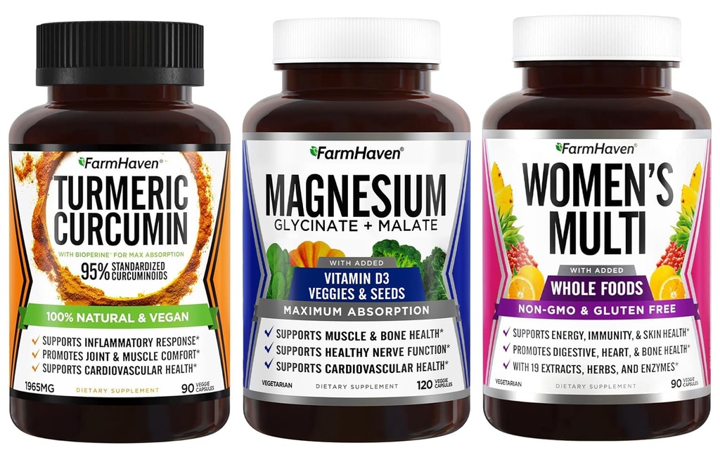FarmHaven Magnez + Multiwitamina dla kobiet + kurkumina kurkuminowa z papryką BioPerine Black