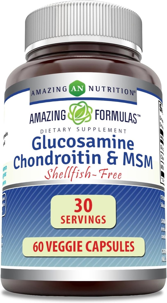 Amazing Formulas Glucosamine Chondroitin & MSM 60 Veggie Capsules | Shellfish Free | Non-GMO | Gluten Free | Made in USA | Ideal for Vegetarians