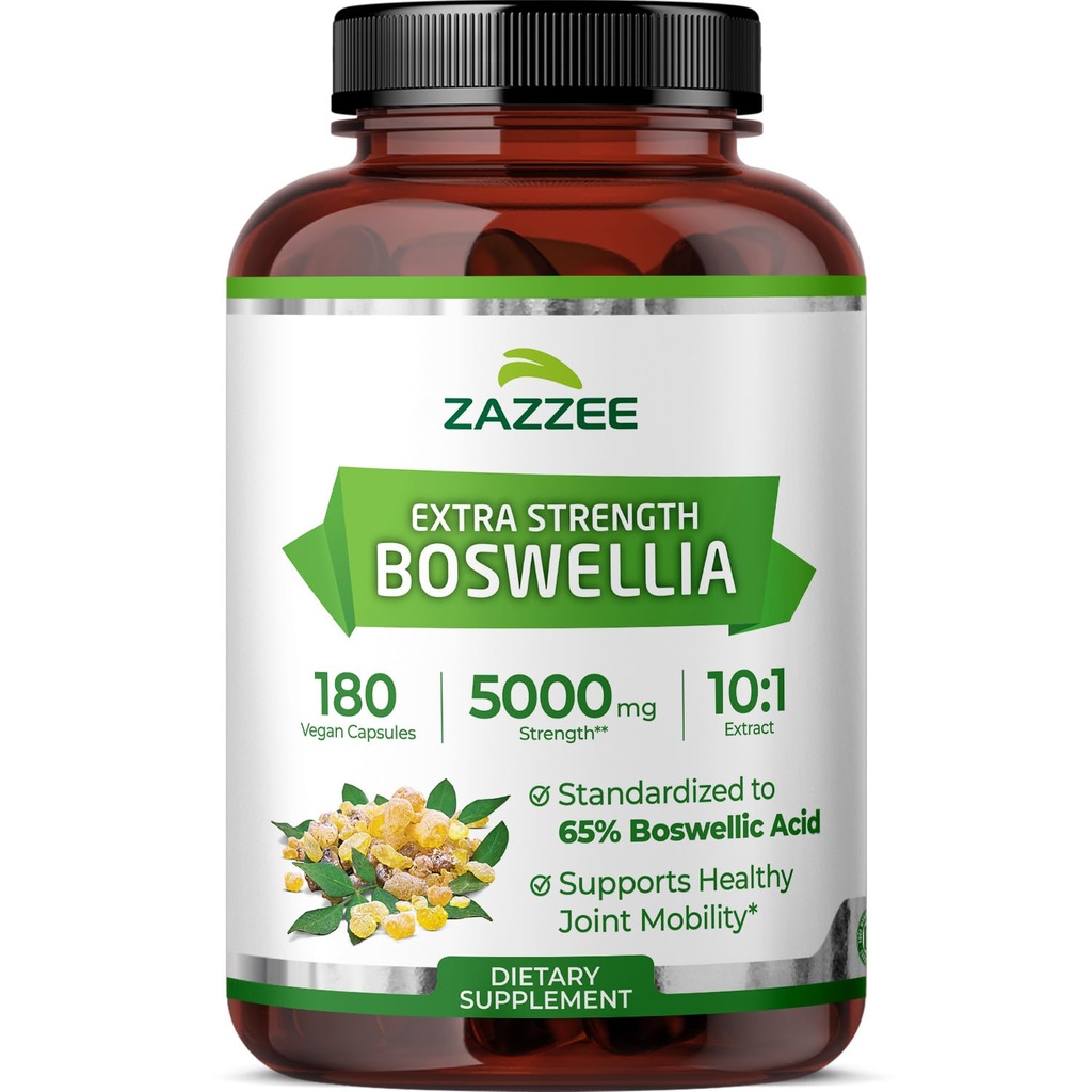 Zazzee Extra Strength Boswellia 10: 1 Extract, 65% Boswellic Acid, 180 Vegan kapsułki, 6 Month Supply, Boswellia Serrata, Joint Comfort, Mobilność i wsparcie elastyczności, Non-GMO, Made in USA