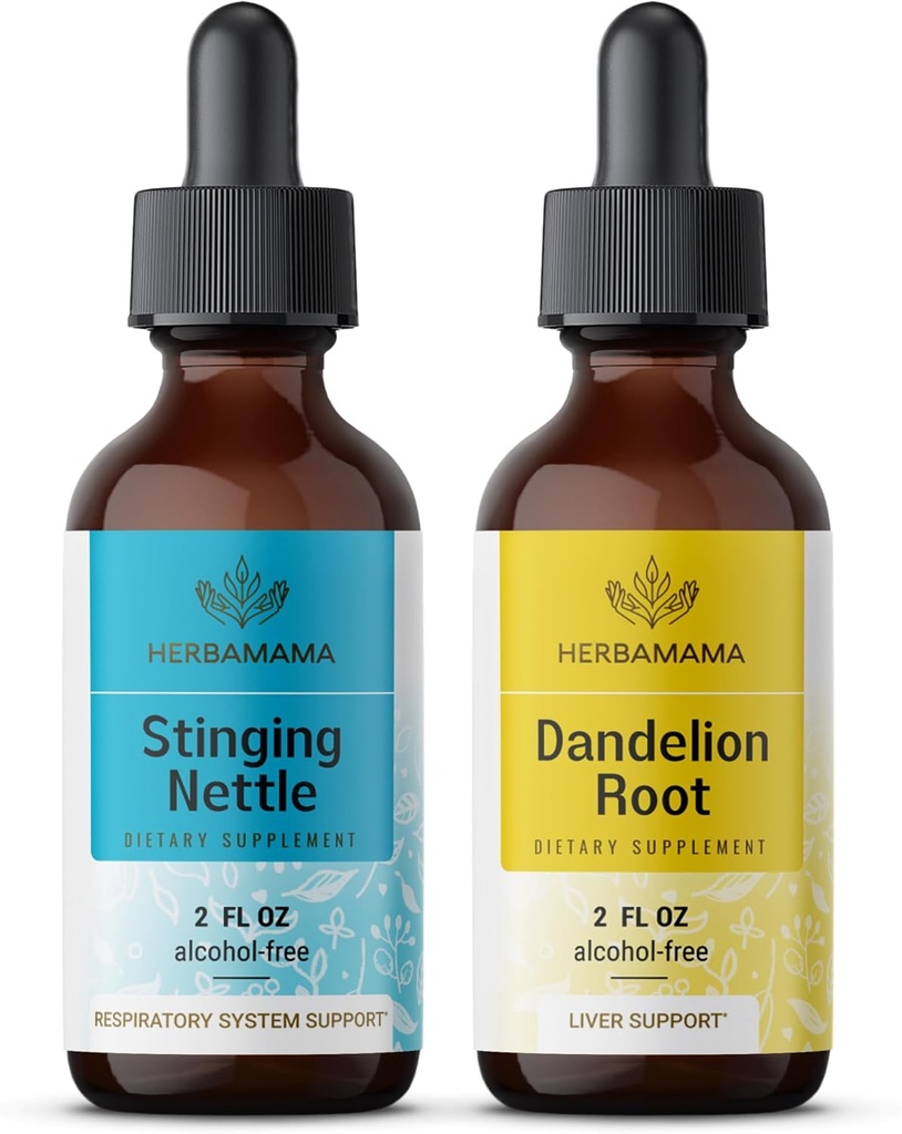 Zestaw ziołowych kropli ziołowych HERBAMAMA - Paczka kleszczowej siatki & Dandelion Root Tincture 2 fl oz - Wegan, Non-GMO, Cukier i Alkohol - 2 opakowania