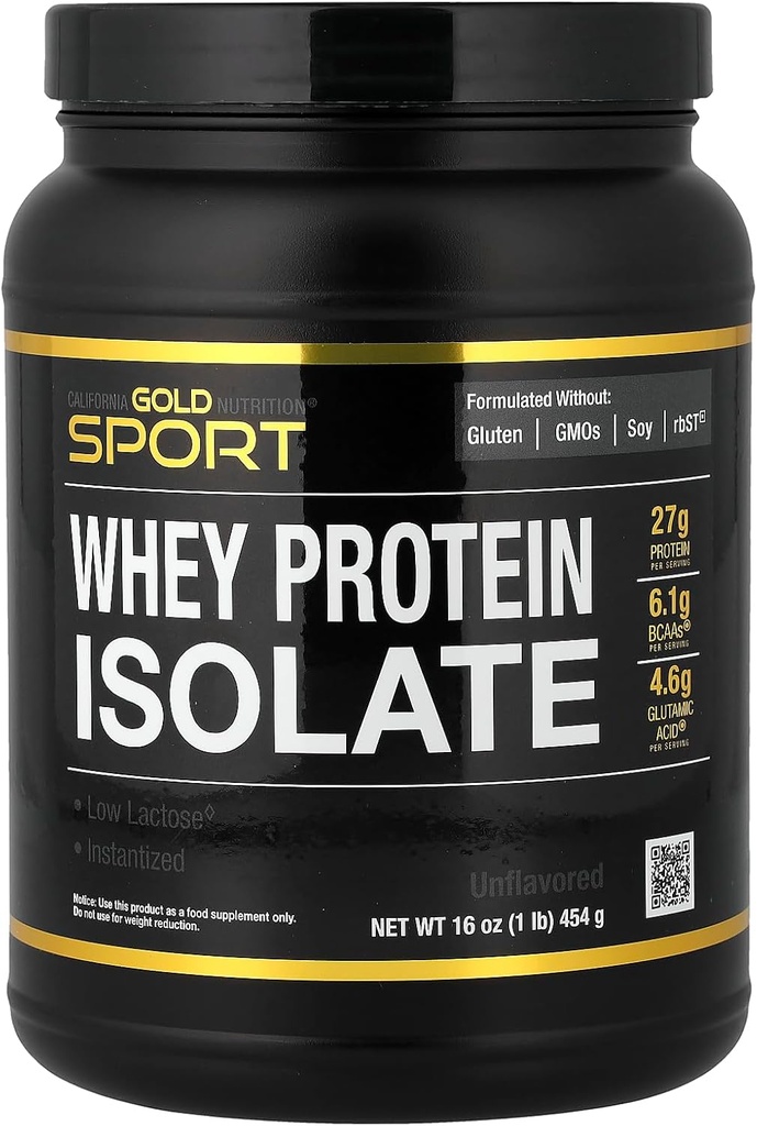California Gold Nutrition Sport, Izolat białka serwatki, Unflavored, 1 lb (454 g)