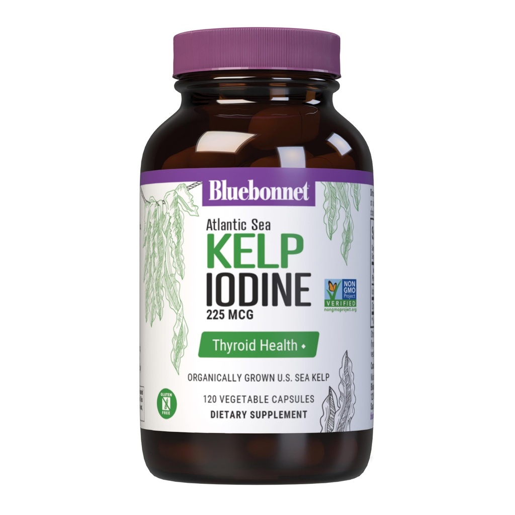 Bluebonnet Nutrition Atlantic Sea Kelp Jod 225 mcg - Organicznie uprawiane US Sea Kelp - Projekt niezmodyfikowany genetycznie Zweryfikowany, Bezglutenowy, Bezsojowy, Bezmleczny - 120 Kapsułki roślinne