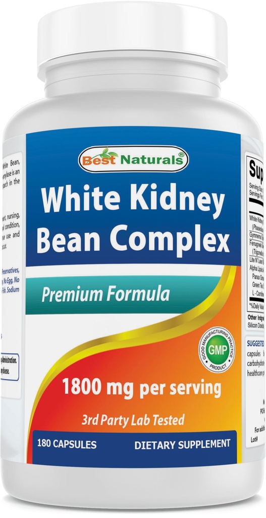 Best Naturals White Nerki Bean Complex 1800 mg Per Serv- 180 Kapsułki. Non-GMO i Gluten Free