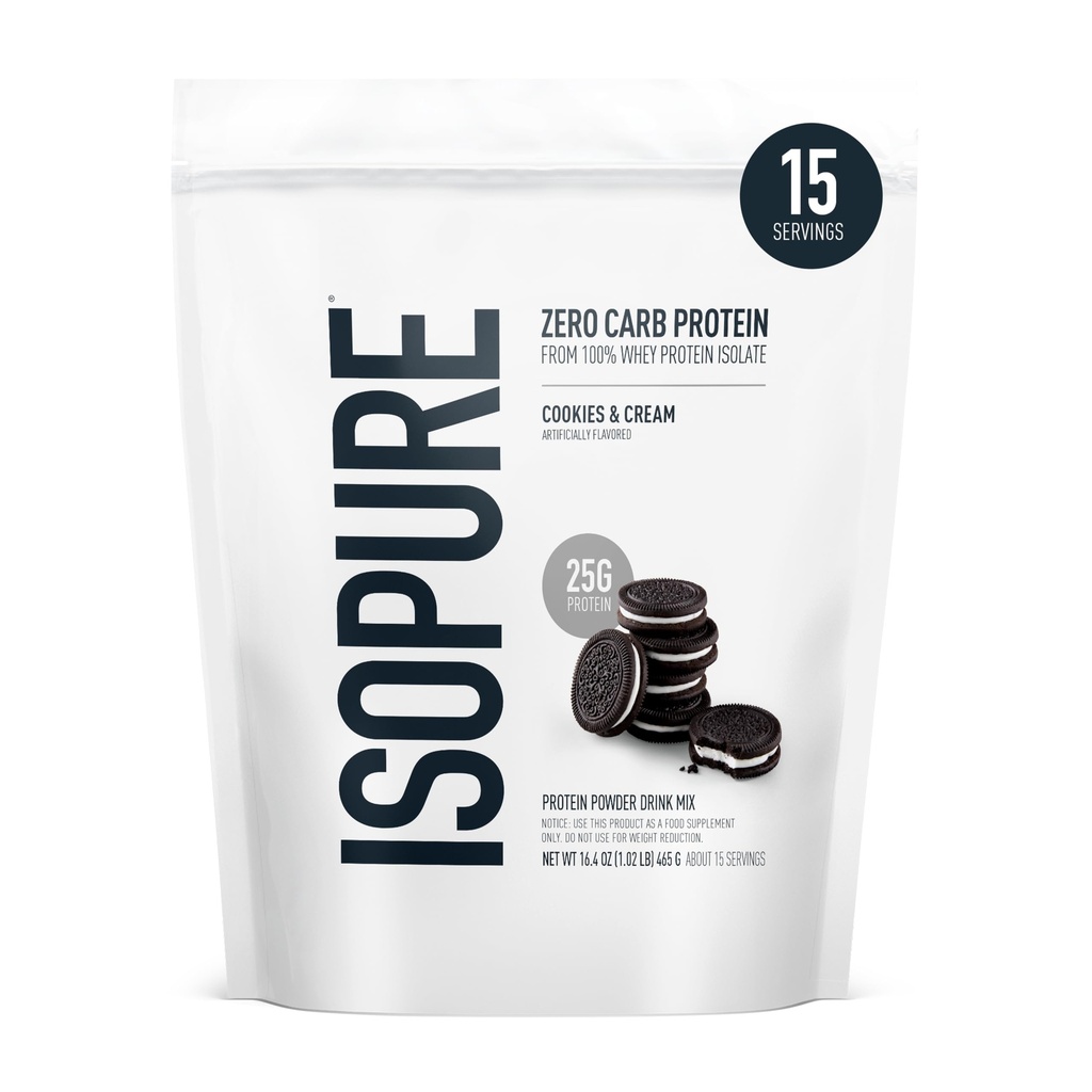 Izopura Zero Carb 100% Pure Whey Isolate Protein Powder, Laktoza Free, Gluten Free, With Vitamin, Cookies & Cream, 25 g Protein Per Serving, 1 Lb, 15 Servings (Packaging May Vary)