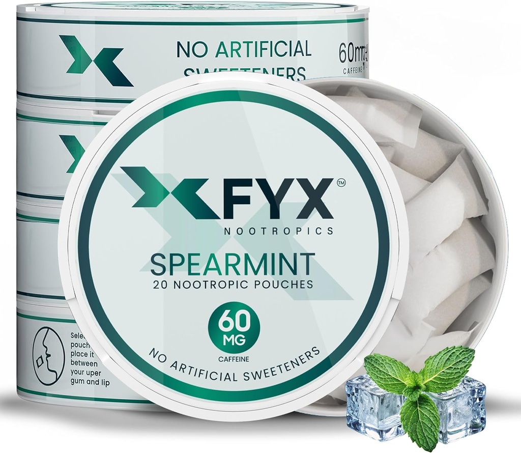 FYX Kofeina Nootropowe Pouches - Czysta Energia & Focus z Alpha- GPC, L- Tyrosine & L- Theanine - 60mg Kofeina Pouches - Bezcukrowe Pouches Alpha Nootropic - 5- Pack (5- Count, Spearmint)