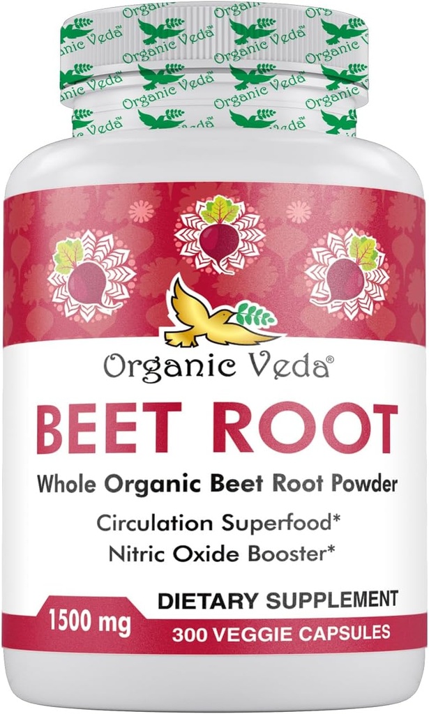 Organiczne kapsułki korzeniowe Veda Beet 1500mg - 300 kapsułki w proszku korzeniowym buraków o wysokiej wytrzymałości azotany do wspomagania cyrkulacji, tlenku azotu, energii, Endurance & Stamina - Non-GMO & Gluten- Free