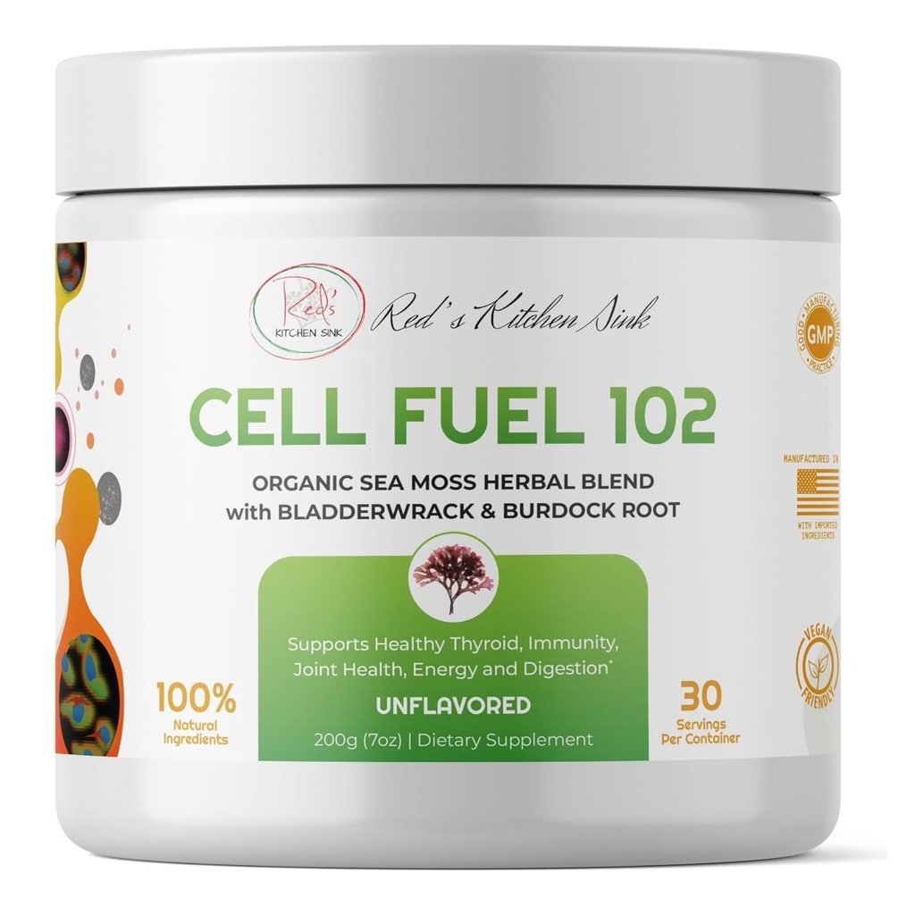 Red 's Kitchen Sink Cell Fuel 102 - Organic Sea Moss Powder z Bladderwrack & Burdock Korzeń 124; Dr. Sebi Inspired Herbal Blend 124; Wegan, Naturalny, 30 Sług (7oz)