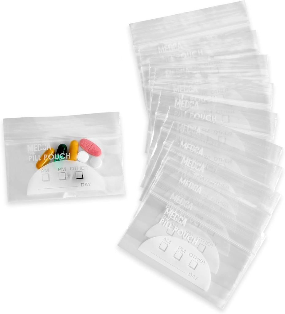 Pill Pouch Bags - (Pack of 100) 4'' x 2.75" - 3 Mil BPA-Free, Poly Bag Disposable Zipper Pills Baggies, Daily AM PM Travel Medicine Organizer Storage Pouches, Best Clear Reusable with Write-on Labels