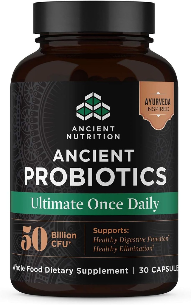 Ancient Nutrition Probiotics, Ultimate z Turmeric, Ginger i kozieradka, Wspomaga funkcje trawienne, Redukuje Biegunkę, Zaparcia, Bloating, Superfoods Blend, 50 Miliard CFU *, 30 Kapsułki