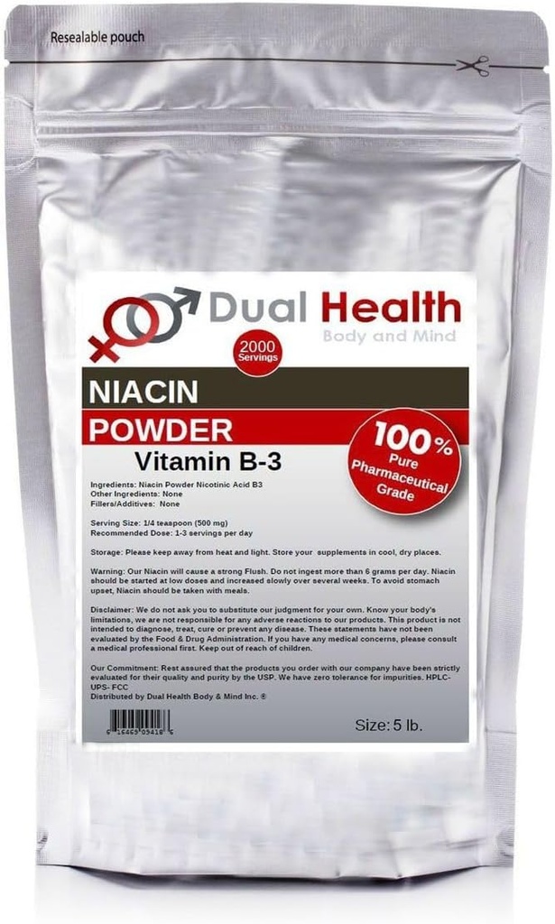 Niacyna Proszek (5 lbs) Witamina B3 Suplement luzem Natychmiastowe uwalnianie Niacyna z Flush Kwas nikotynowy Non-GMO, Wegan, Firma wolna od glutenu Szybka absorpcja Brak GMO, Fillery, Dodatki lub Metale ciężkie