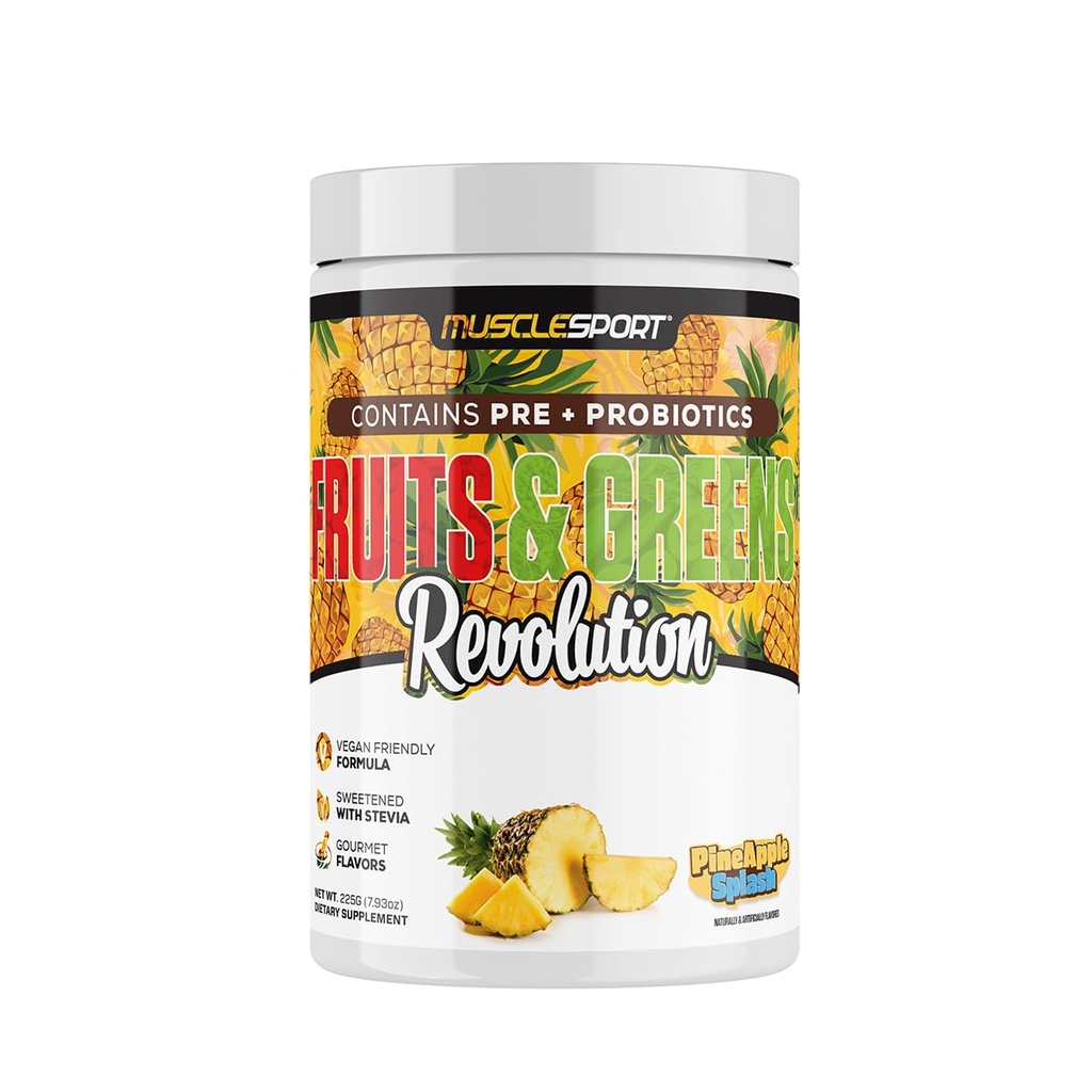 Musclesport Fruits & Greens - Owoce, roślinne i przeciwutleniacze suplement, w tym trawa pszenna i Spirulina, Dodano włókno i probiotyki - 30 Słupki (Ananas Splash)