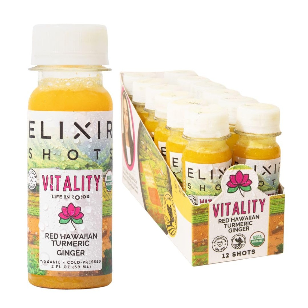 Elixir Shots, Vitality Immunity Wellness Shot z 100% składników organicznych, Cold- Pressed Red Hawaiian Turmeric, Peruwiański Ginger, Ananas i czarny pieprz, Bez cukru lub sztucznych dodatków, 12 Pack