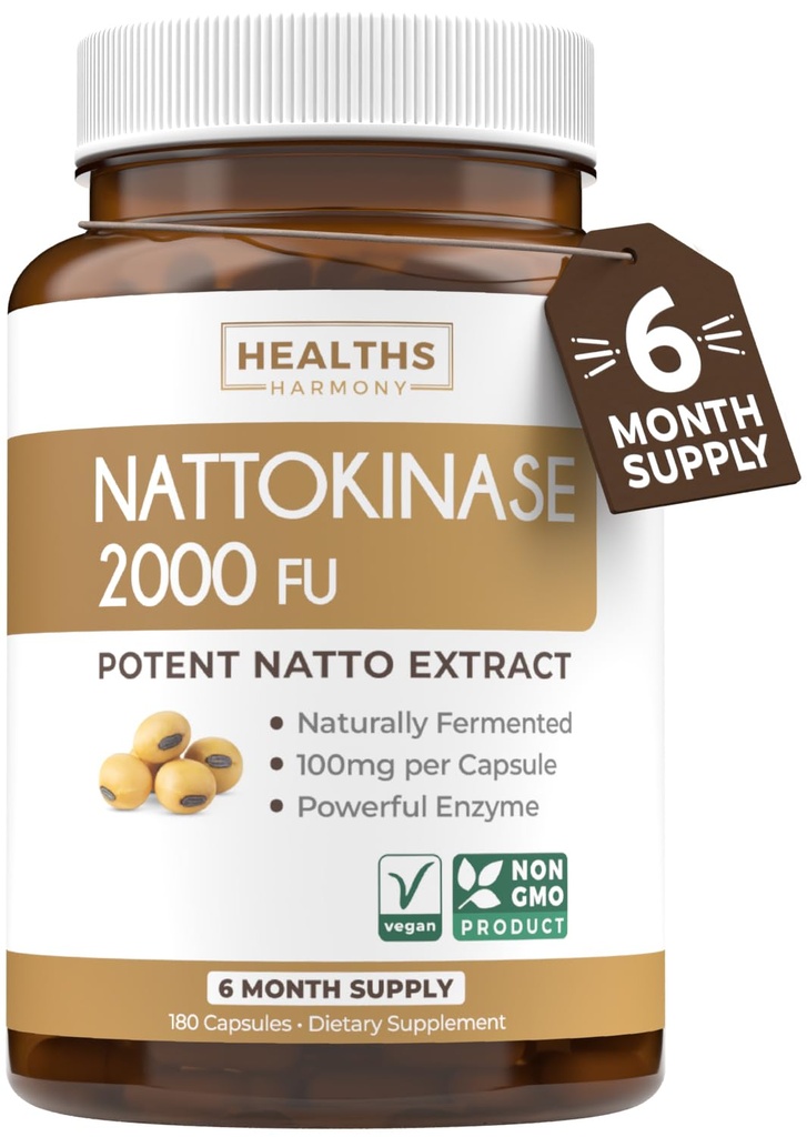 Healths Harmony Nattokinase 2000 FU (Non-GMO) Potężny suplement Nattokinase Made from Natural Fermented Soybeans - (6 Month Supply) 180 Vegan Natto kapsułki