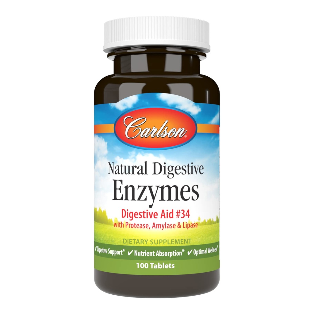 Carlson - Naturalne Enzymy Digestive, Digestive Aid # 34 z Protate, Amylase & Lipase, Digestive Support, Dietetyczne Wchłanianie & Optymalne Wellness, 100 Tabletki