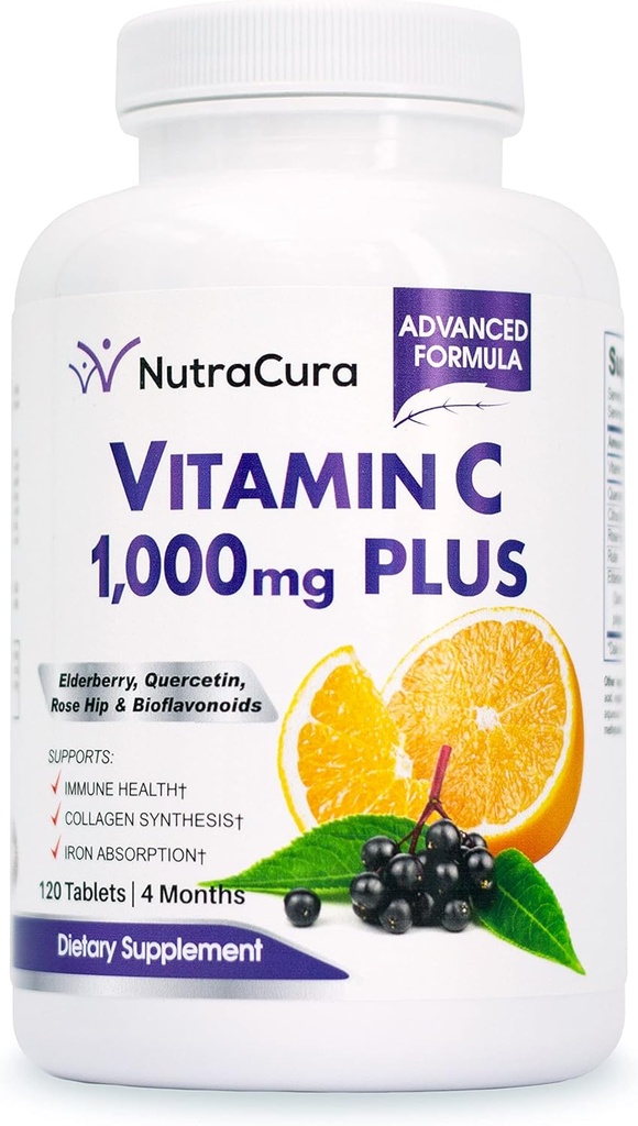 Immunitet Witamina C 1000mg z Elderberry, Quercetin, Bioflavonoids, Rose Hips, Rutin - 4 miesiące dostaw, 120 tabletek - Wsparcie układu immunologicznego