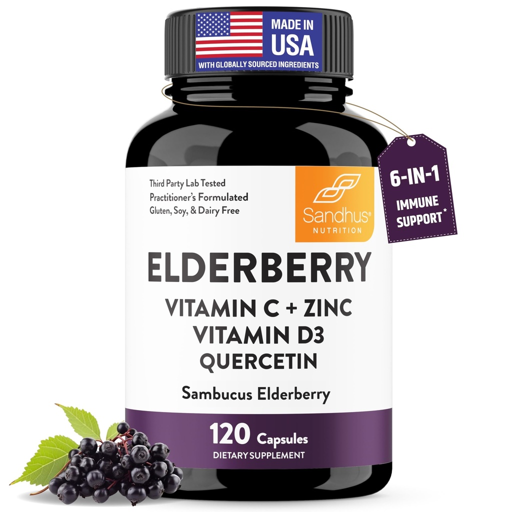 Sandhu 's Elderberry Witamina C i cynku z witaminą D3 & Quercetin 124; Suplement kapsułki dla mężczyzn i kobiet 124; Wsparcie zdrowia immunologicznego 124; 120 Liczba (Opakowanie po 1)