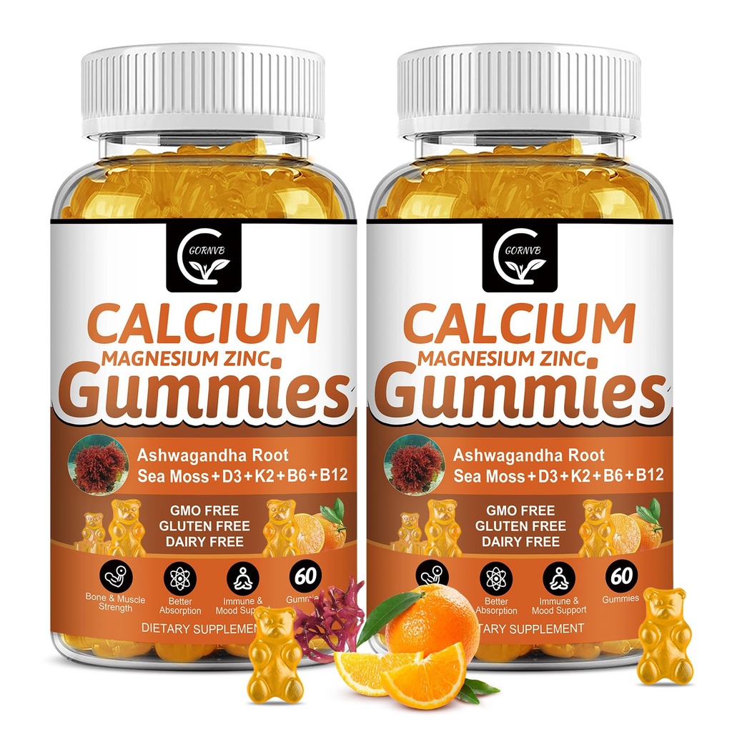 1200mg Gummeje wapniowe z witaminą D3, K2, B12 i B6 - Kompleks roślin suplement magnezu wapnia z glicynianem, potas, mech morski, korzeń Ashwagandha dla kości i zębów, mięśnie i Immune- Pack
