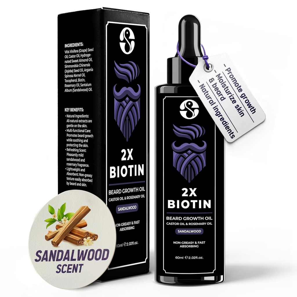 Biotin koncentracja Beard Tickener & Softener - 2oz z olej rycynowy, olej rozmarynowy i witaminy - Sandalwood Scent dla mężczyzn
