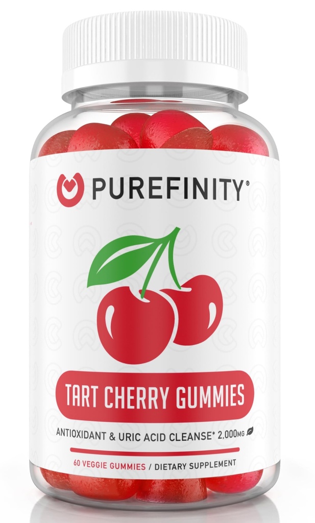 PUREFINITY Tart Gumiaki wiśniowe - Flush kwasu moczowego do wspólnej ulgi i odzyskiwania, Surowy ekstrakt z soku przeciwutleniacz - Non-GMO, Gluten Free, Wegan, 60 Count