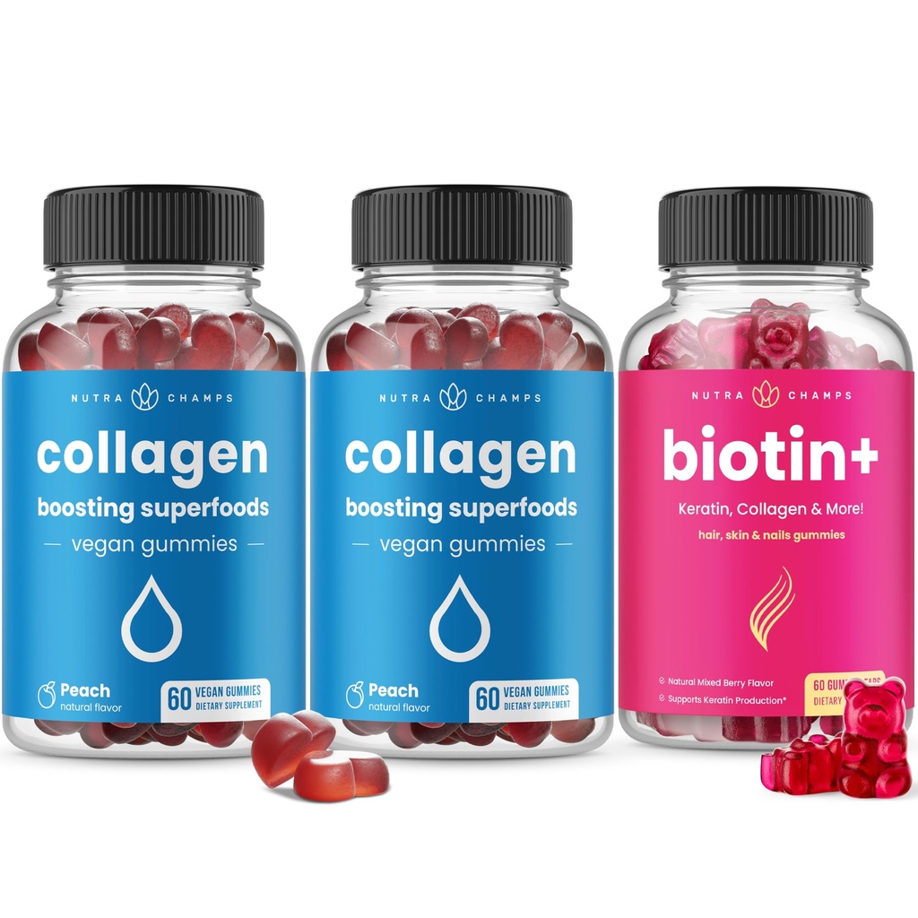 NutraChamps Complete Hair, Skin & Nails Bundle - Biotin, Collagen, Keratin & Więcej