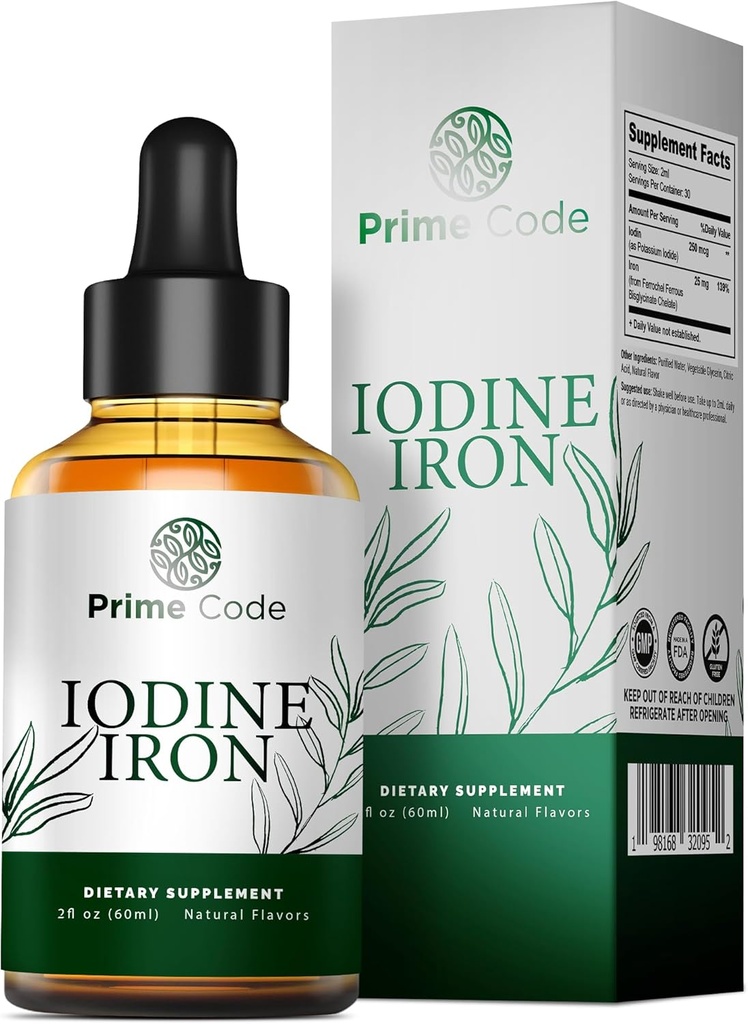 Pierwszorzędowy kod [2 cementuje] Jod Liquid Supplement with Iron - Jod Supplement Drops for Thyroid 250mcg - Supports Thyroid Health Skin Health - Organic, Vegan, Non-GMO, Alkohol i Gluten- Free