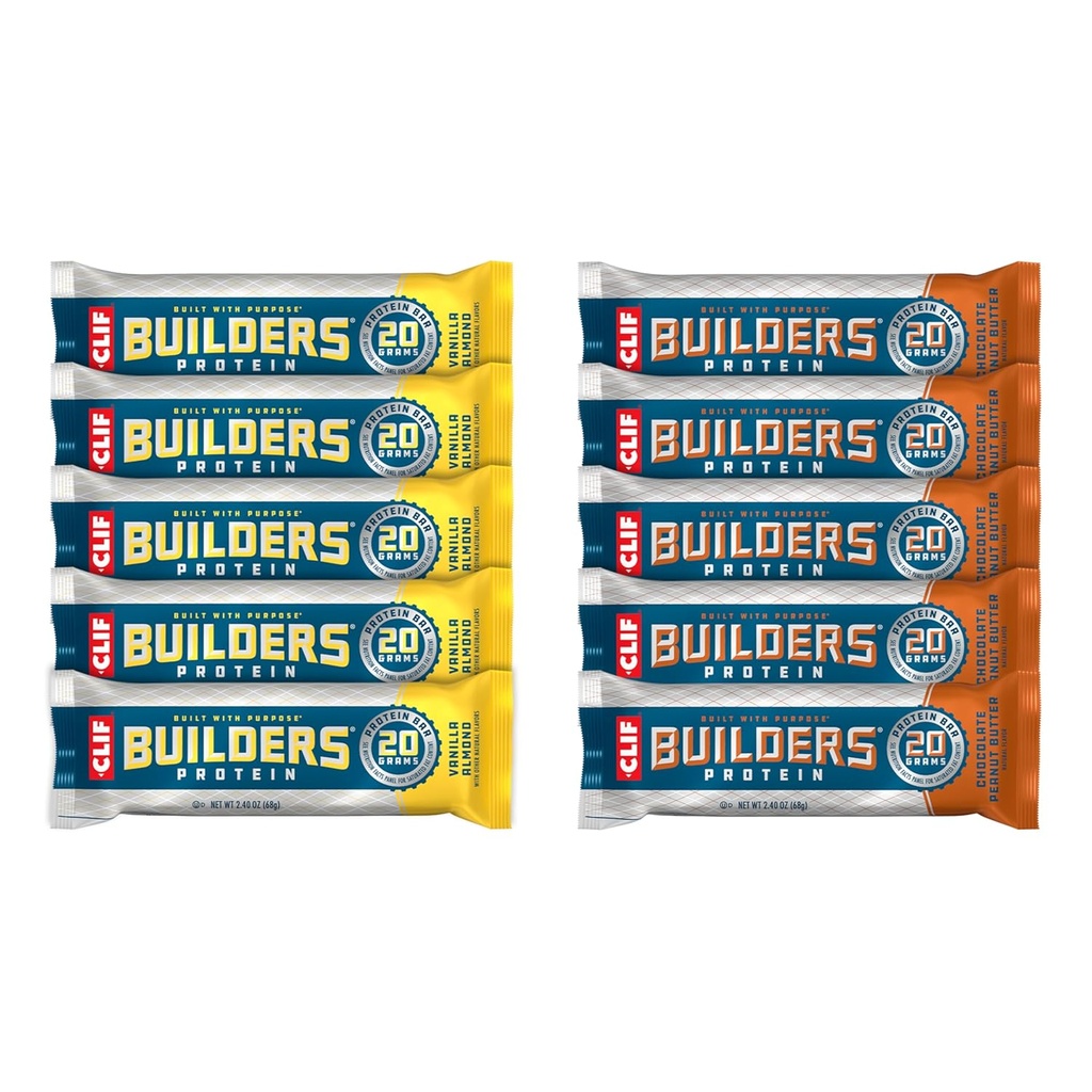 CLIF Builders - Czekoladowe masło orzechowe i Vanilla Almond Flavor - Variety Pack - Plant Based Protein Bars - Gluten Free - Non-GMO - Niskie Glycemic - 20g Protein - 2.4 oz. (10 Count)