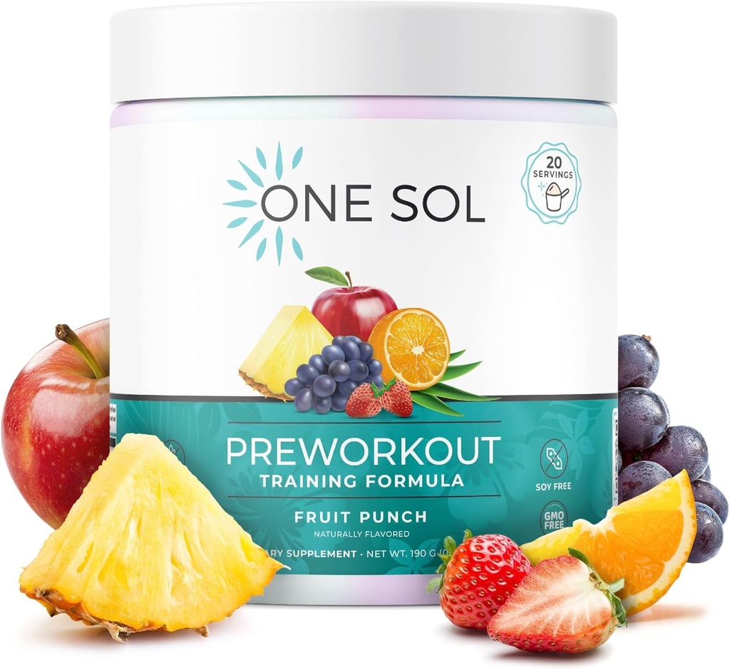 One Sol Pre- Trening dla kobiet, Wzmocniony Pompa & Focus, Brak Jitters lub Crash, Naturalne składniki, 100% Vegan, Gluten Free & Soy Free, (Owoce Punch)
