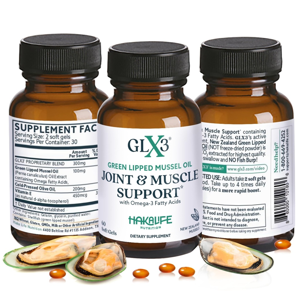 GLX3 Green Lipped Mussel Oil Kapsułki do stawów i wsparcia mięśni 124; Extra- Siła ETA, EPA, DHA Omega-3 Green Lipped Mussel Supplement for Comfort, Elastyczność & Odzysk przez HakaLife GLX3