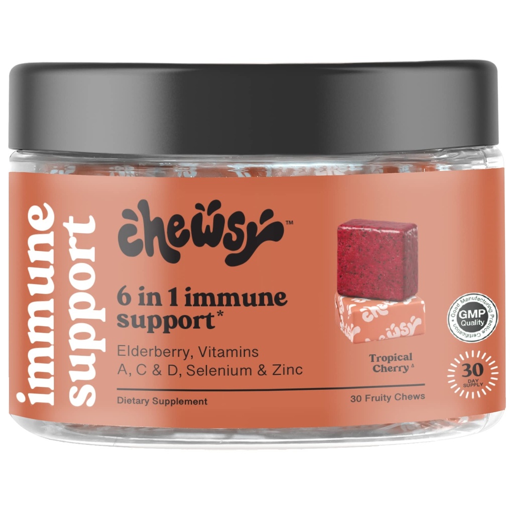 Chewsy 6- in-1 Immune Supplement Supplement Fruity Chews with Elderberry, Witamina C, A & D, Cynk & Selenium - 30- Day Supply, Indywidualnie zapakowane witamin żucia dla dorosłych i dzieci (1)