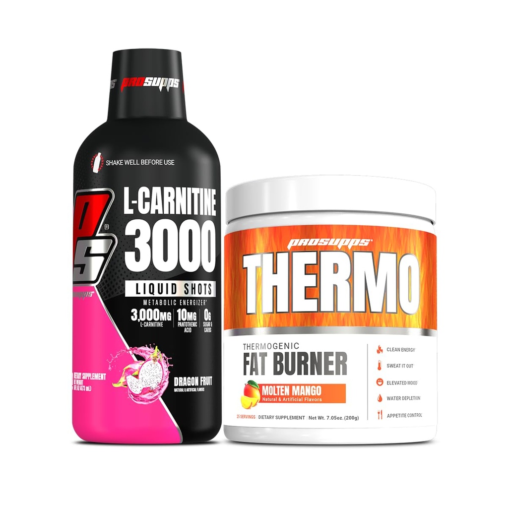 PROSUPPS L- Carnitine 3000 Stymulant Free Liquid Shots (31 Servings, Dragon Fruit) i Thermo Fat Burning Termogeniczny Proszek (25 Servings, Molten Mango)