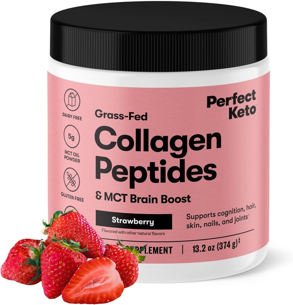 Perfect Keto Collagen Peptydes Protein Powder z MCT Oil, Zhydrolizowany Kolagen, Suplement typu I i III, Gluten Free Grass Fed, Niski Carb, Keto Coffee Creamer, Kolagen dla kobiet i mężczyzn, Truskawka