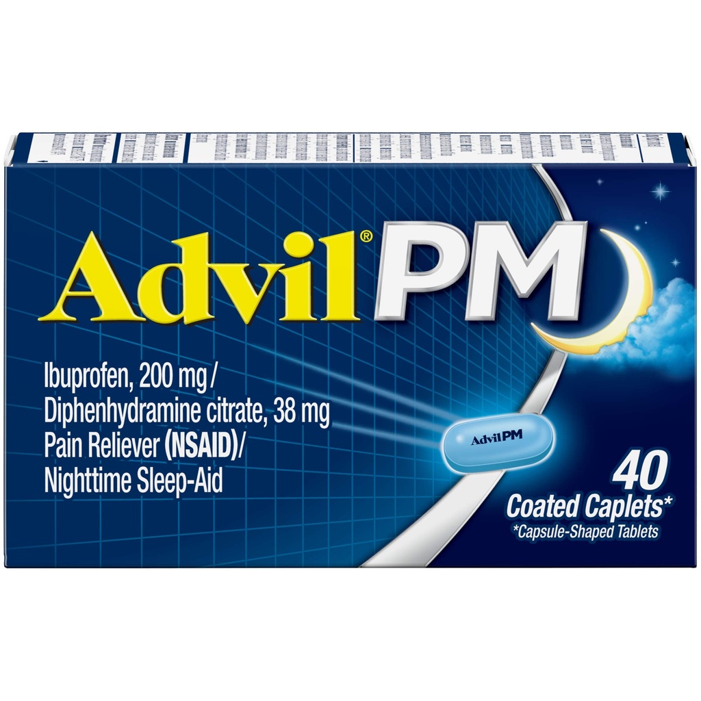 Advil PM Reliever Pain and Nighttime Sleep Aid, Pain Medicine with Ibuprofen for Pain Relief and Difenhydramine Citrate for a Sleep Aid - 40 Coated Caplets