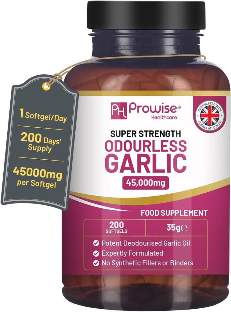 Premia bezwonne Czosnek Kapsułki 124; 45,000 mg na softgel 124; 200 softgeli (nie tabletki) Super wysoka wytrzymałość 124; Ekstrakt oleju czosnkowego premium z Allium Sativum