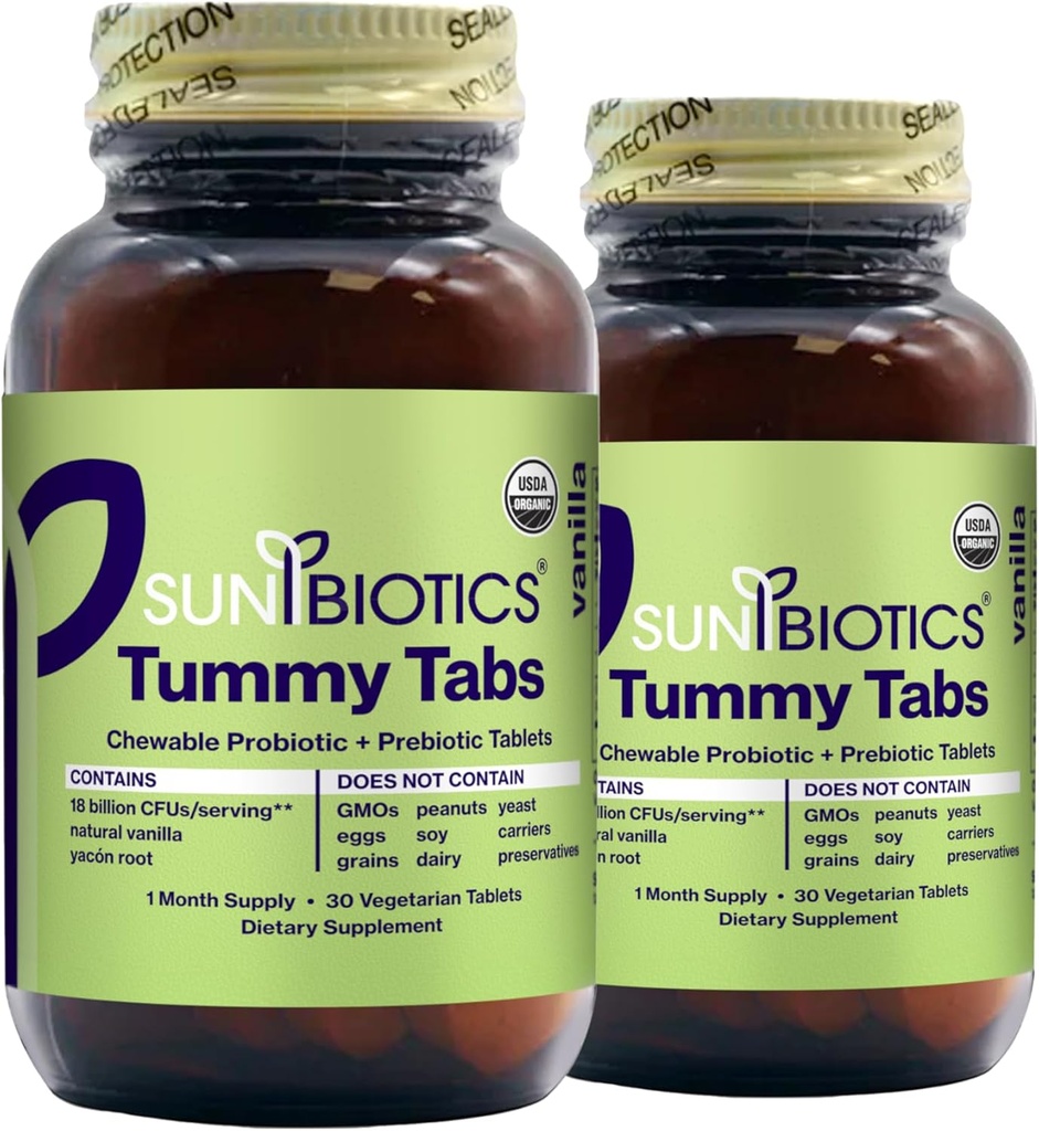 SUNBIOTICS Tummy Table - Probiotyczne tabletki do żucia i prebiotyczne tabletki z 18 Milionami CFU z 4 Probiotycznymi cieśninami dla dobrego Gut Flora, System immunologiczny, & Balanced Microbiome - Vanilla, (Opakowanie 2)
