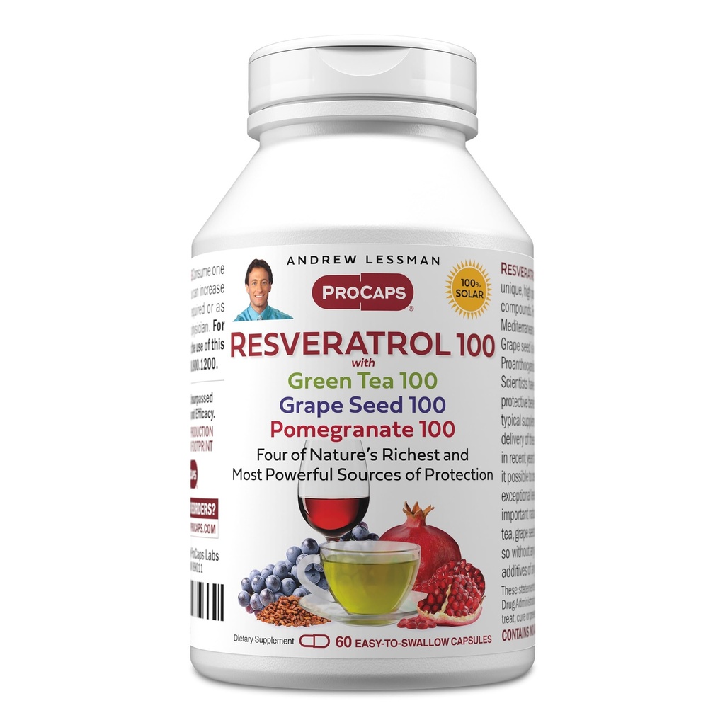 ANDREW LESSMAN Resveratrol- 100 z zieloną herbatą 100 ziarno winogronowe 100 Grape Seed 100 mg - 60 kapsułki - Cztery potężne, ochronne przeciwutleniacze.