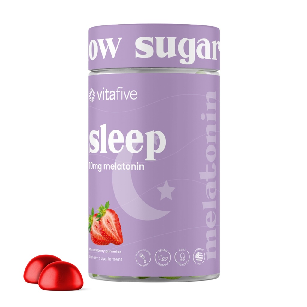 vitafive Extra Siła Melatonina Gumiaki, 10 mg Melatonina, Pomoc senna dla dorosłych, niski cukier, Wegan, Gluten Free Melatonin Supplement (50 Ct)