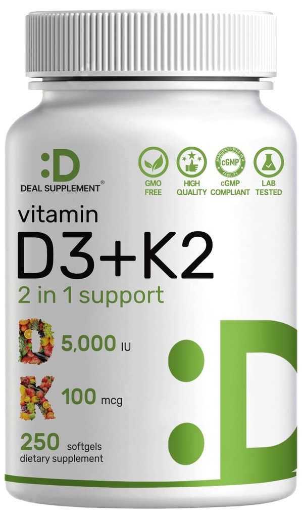 DEAL- SUPLEMENT Witamina D3 5 000 IU + K2 MK7 Softgels, 250 Hrabia 124; 2- in-1 Kompleks