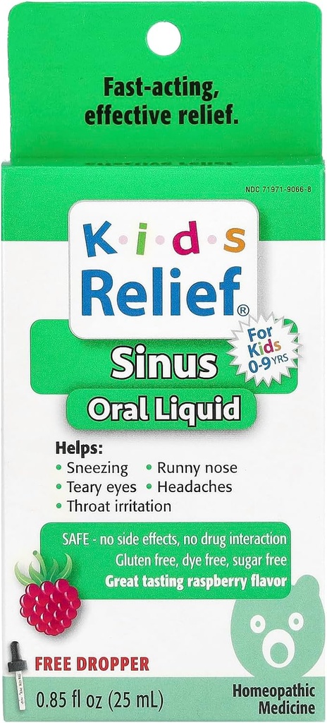 Relief dla dzieci na Sinus - Płyn doustny dla wieków 0- 9 Lat Malina, 0.85 Fl Oz