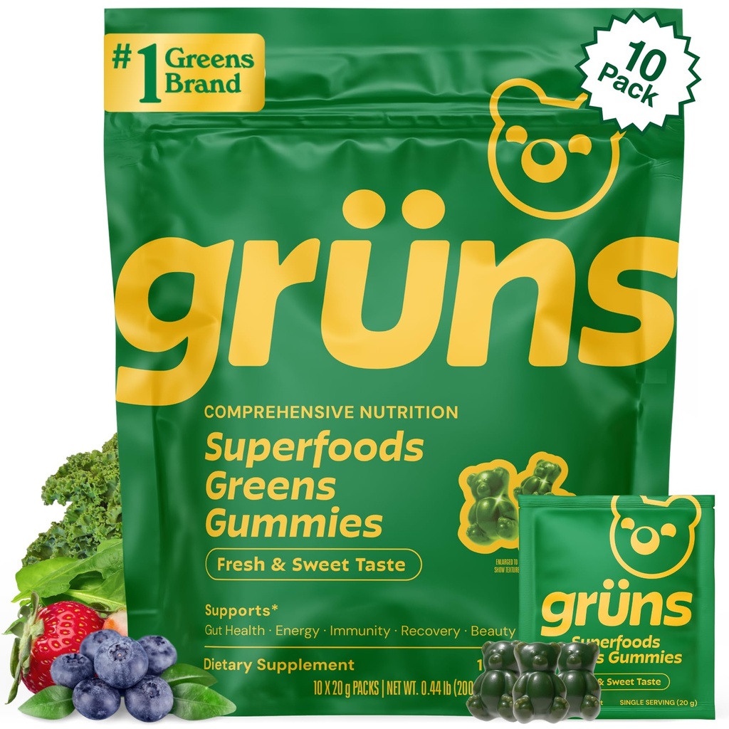 Gruns Adult Super Zielone Gummies - Superfood Gummy Bears z Spirulina, Chlorella & Prebiotyki dla zdrowia trawiennego - Suplement Adaptogens z 20 Witaminy i Minerały, Low Sugar-2- Tygodniowe dostawy