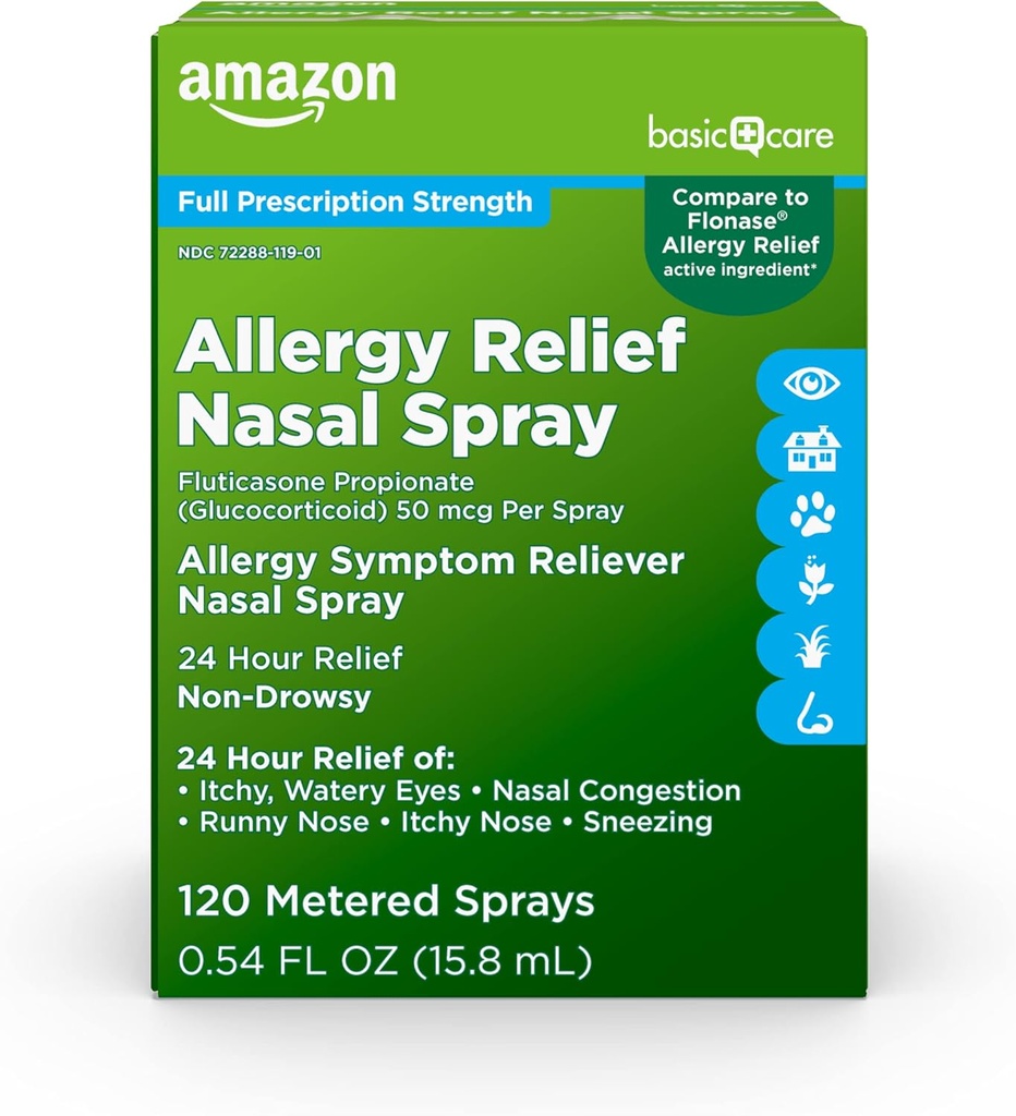 Pielęgnacja podstawowa 24- godzinna ulga alergiczna w naszprycowaniu nosa, propionian flutykazonu (glukokortykosteroid), 50 μg na spray, pełna moc na receptę, niedrowsy, 0,54 fl oz (opakowanie po 1)