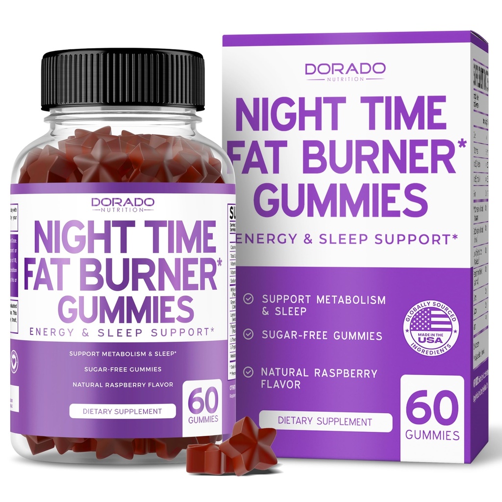 Night Time Fat Burner Gummies (60 Hrabia) Waga Utrata & Metabolizm - Cukier - Bezcukrowy - Pyszne Malina aromatyzowane Melatonina Suplement Gummies - Vegan Safe - Trzeci Tested Party - Made in USA