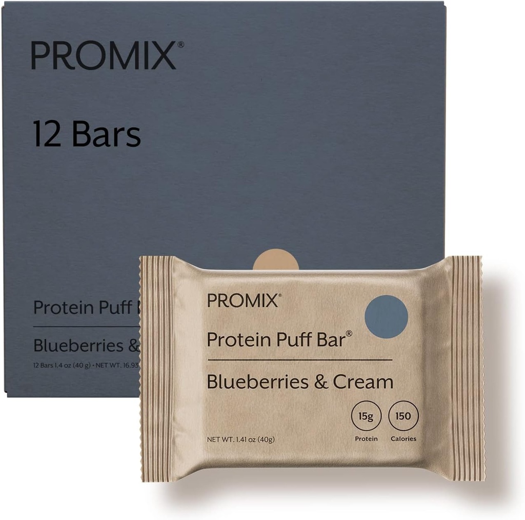 ProMix Nutrition Protein Puff Bars - Blueberries & Cream - Marshmallow Crispy Treat - Great Tasting & Healthy On The Go Snack - Wysokie białko & niskie Calorie - Free From Gluten, Soy, & Corn - 12 Barów