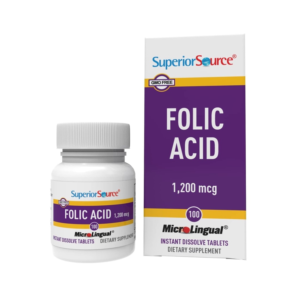 Superior Source Folic Acid 1200 µg - Wspomaga serce, układ immunologiczny i nerwowy - 100 Tabletki podjęzykowe
