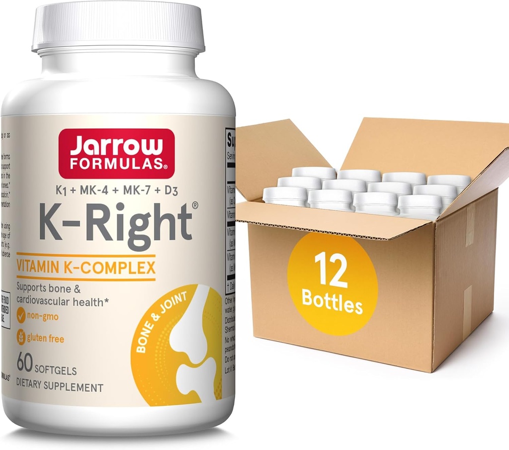 Jarrow Complex K- - Kompleks Witaminy K- (K1, MK- 4, MK- 7, D3) - 60 Sług (Softgels) - Suplement diety do wsparcia zdrowia kości i układu krążenia - Witamina K2 MK- 7 - Gluten Free, Opakowanie 12