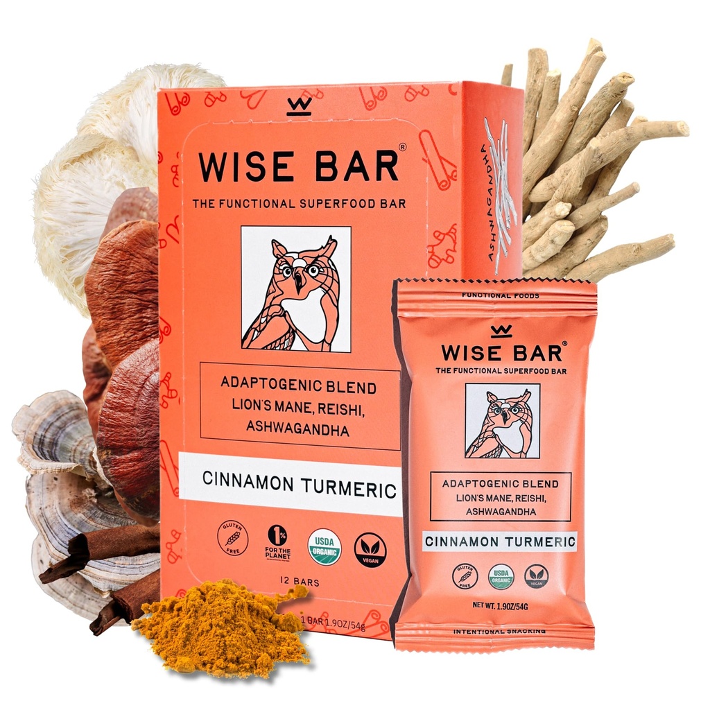WISE BAR Adaptogen Mushroom Nutrition Bars z Reishi, Lions Mane & Ashwagandha, Organic Vegan & Gluten Free przekąski dla naturalnego skupienia, Energia & Wsparcie odporności, Cynamon Turmeric Flavor, 12 Hrabia