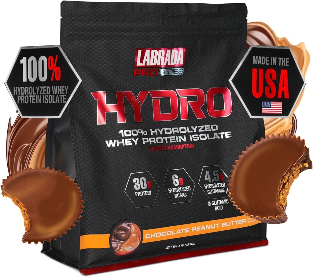 Labrada Hydro 100% Czysty hydrolizowany proszek z izolatu białka serwatki, Laktoza wolna, Glutamina, Najszybsza serwatka dostępna, Natychmiastowe mieszanie, Pyszny smak 45 Słupki 4lb (Masło orzechowe)