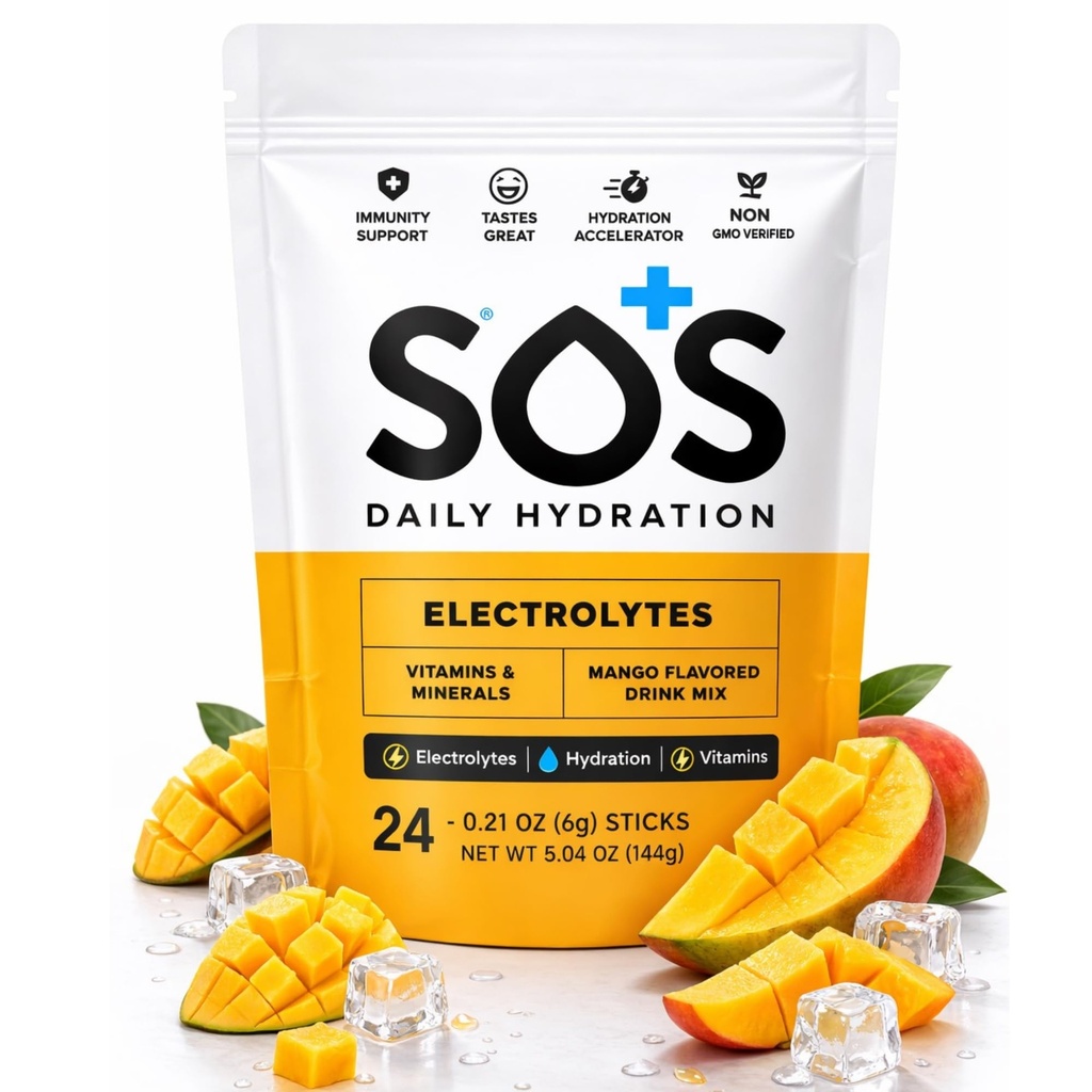 SOS Hydration Electrolyte Proszek Drink Mix 124; 24 Służenie 124; Witaminy zasadnicze Niski cukier Keto- Przyjazny 124; Mango