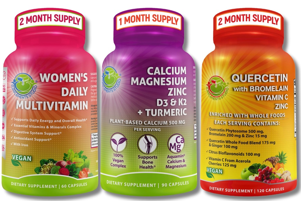 Plant- based immunological, Bone & Energy Support Bundle - Quercetin z bromelainą, Witamina C & Cynk + Magnez wapnia z D3, K2 & Turmeric + Multiwitamina Kobiet z Żelaza & Organic Superfoods