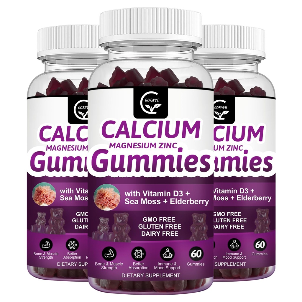 Wapnia Magnezu Cynk Gummie z Wysokiej Absorpcji Magnezu Glicynian potasu - Plant Complex Wapnia Magnezu 2: 1 Stosunek, z D3 Sea Moss dla kości, Mięśnie, Immune & Sleep Support, Vegan-3 Pack